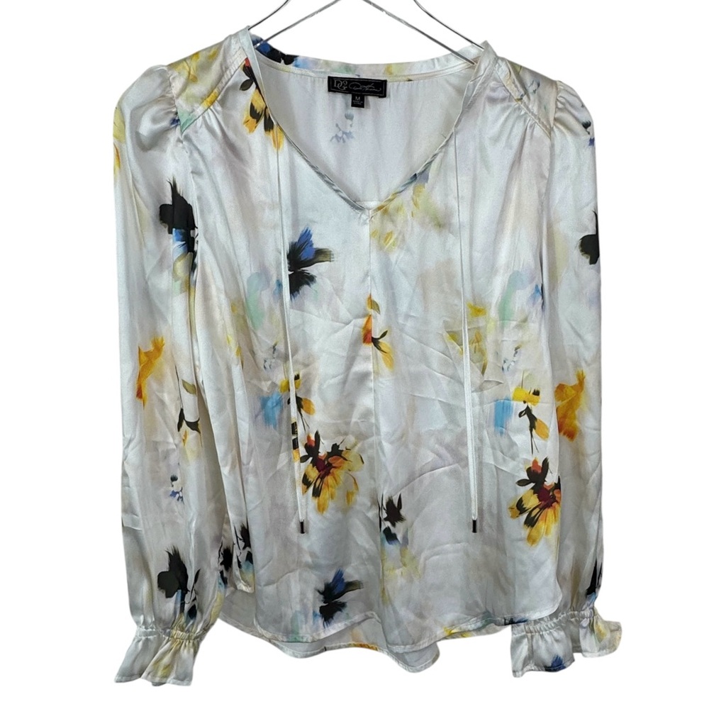 DG2 by Diane Gilman Women's Silky V-Neck Peasant Blouse Multi Floral Size M - Picture 3 of 9